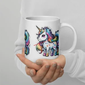 Weiße, glänzende Tasse - Joy ein herzliches Regenbogen-Einhorn