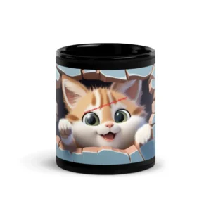 Peekaboo Purrfection – Schwarze glänzende Tasse