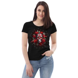 Skull with Roses & Stars - Enganliegendes Öko-T-Shirt für Damen